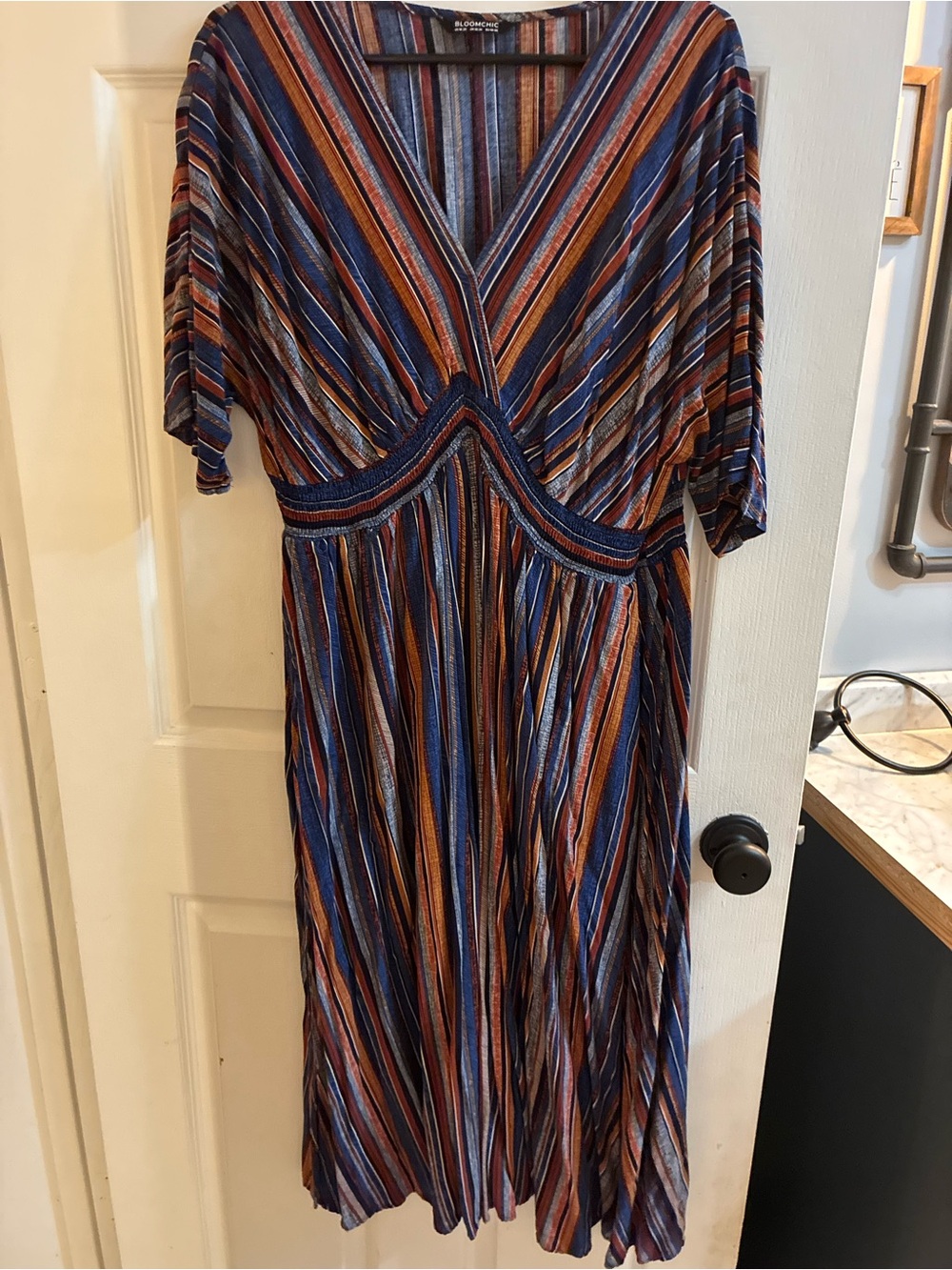 BloomChic Striped Midi Dress Plus Size 18/20 Boho Smocked Waist V-Neck